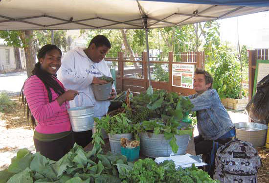 Volunteers are all greens and grins at City Slicker Farms’ stand in West Oakland, Calif.